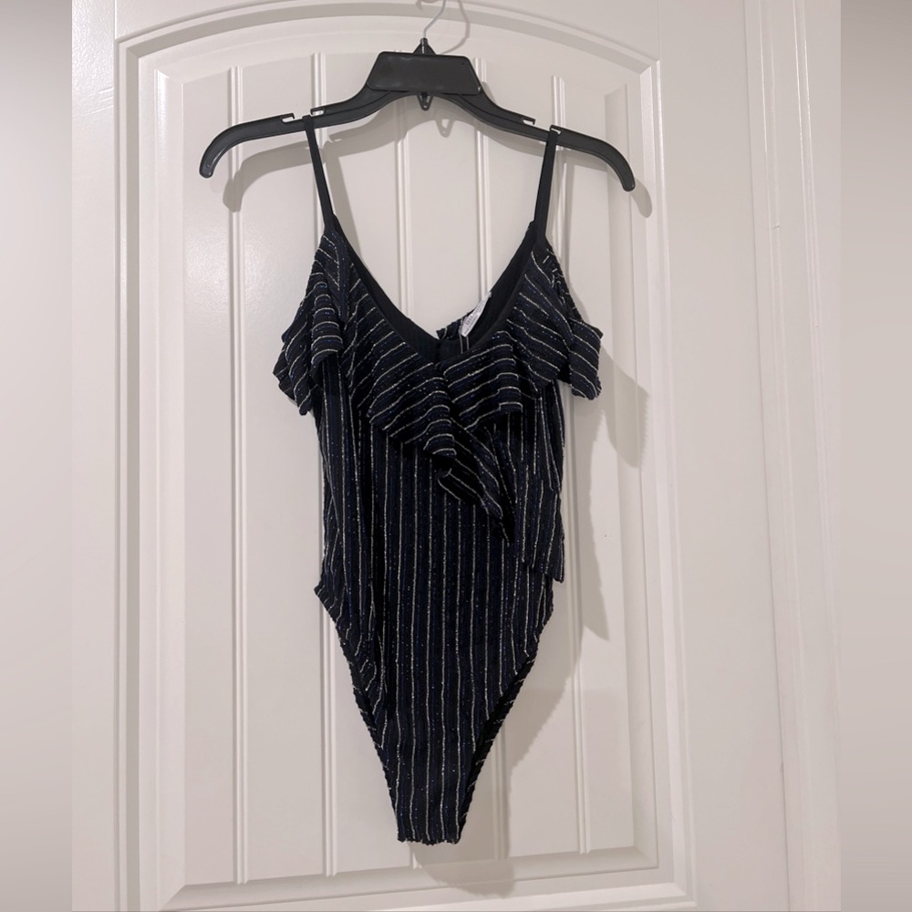 NWT Zara Trafaluc Cold Shoulder ruffled Bodysuit Metallic Stripe  Top Size M
